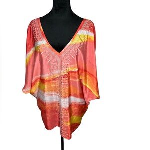 CHICO’S Boho Dopamine Core Printed Colorful Embroidered Vneck Tunic Top.…